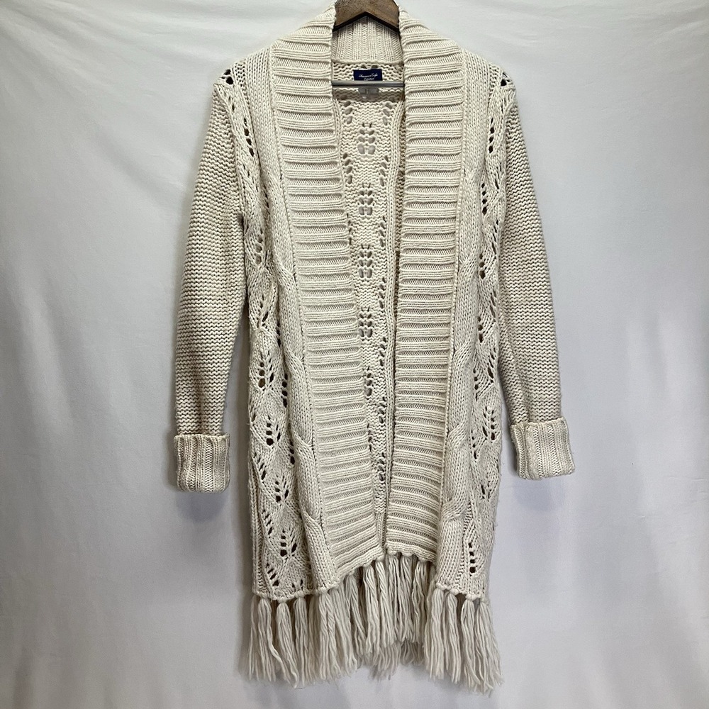 American Eagle Womens Off White Chunky Knit Long Fringe Open Cardigan Sweater‎ S